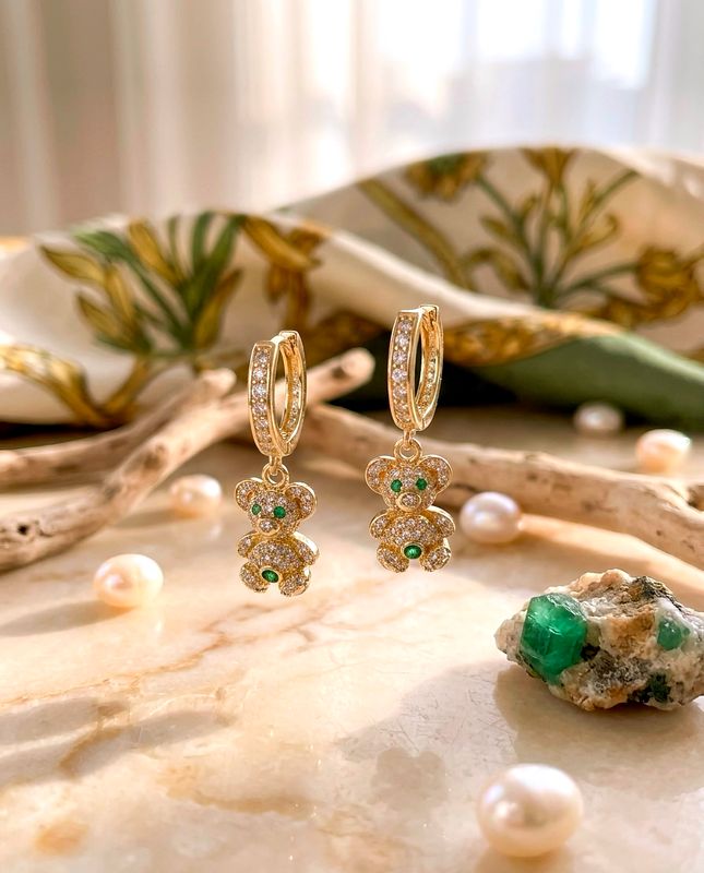 14kt Gold Teddy Bear Hoop Earrings Emerald