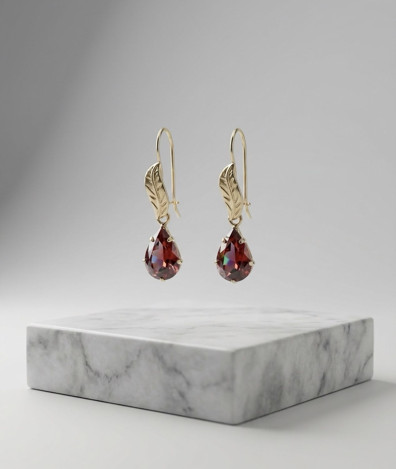 14Kt Gold Leaf Teardrop Earrings Ruby