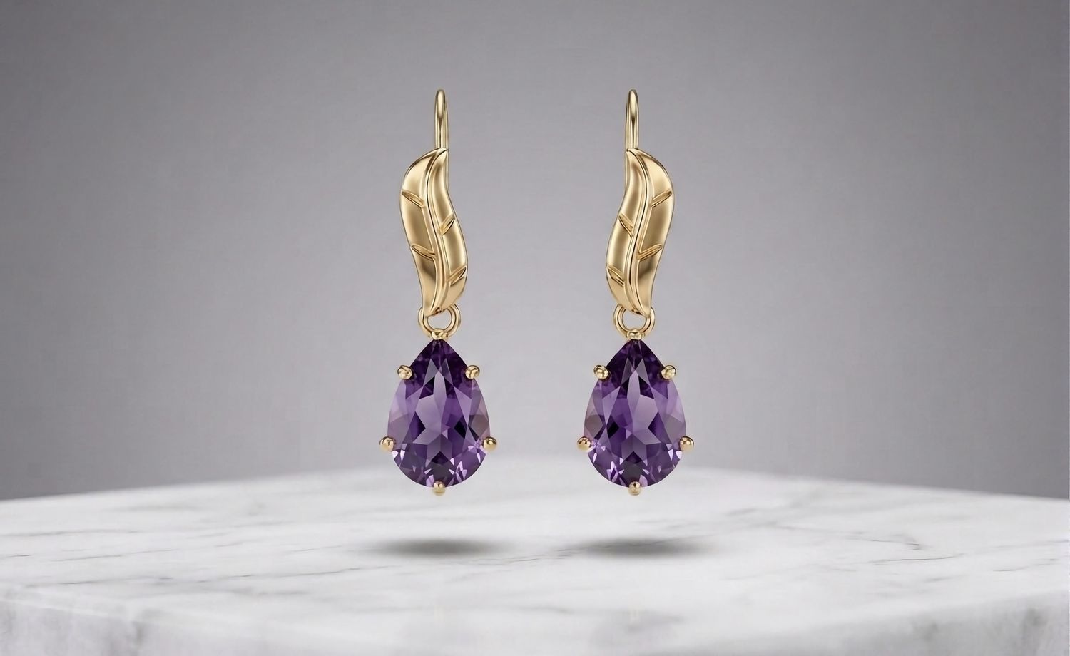 14kt Gold Leaf Teardrop Earrings (Amethyst)