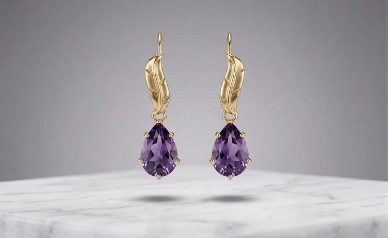 14kt Gold Leaf Teardrop Earrings (Amethyst)
