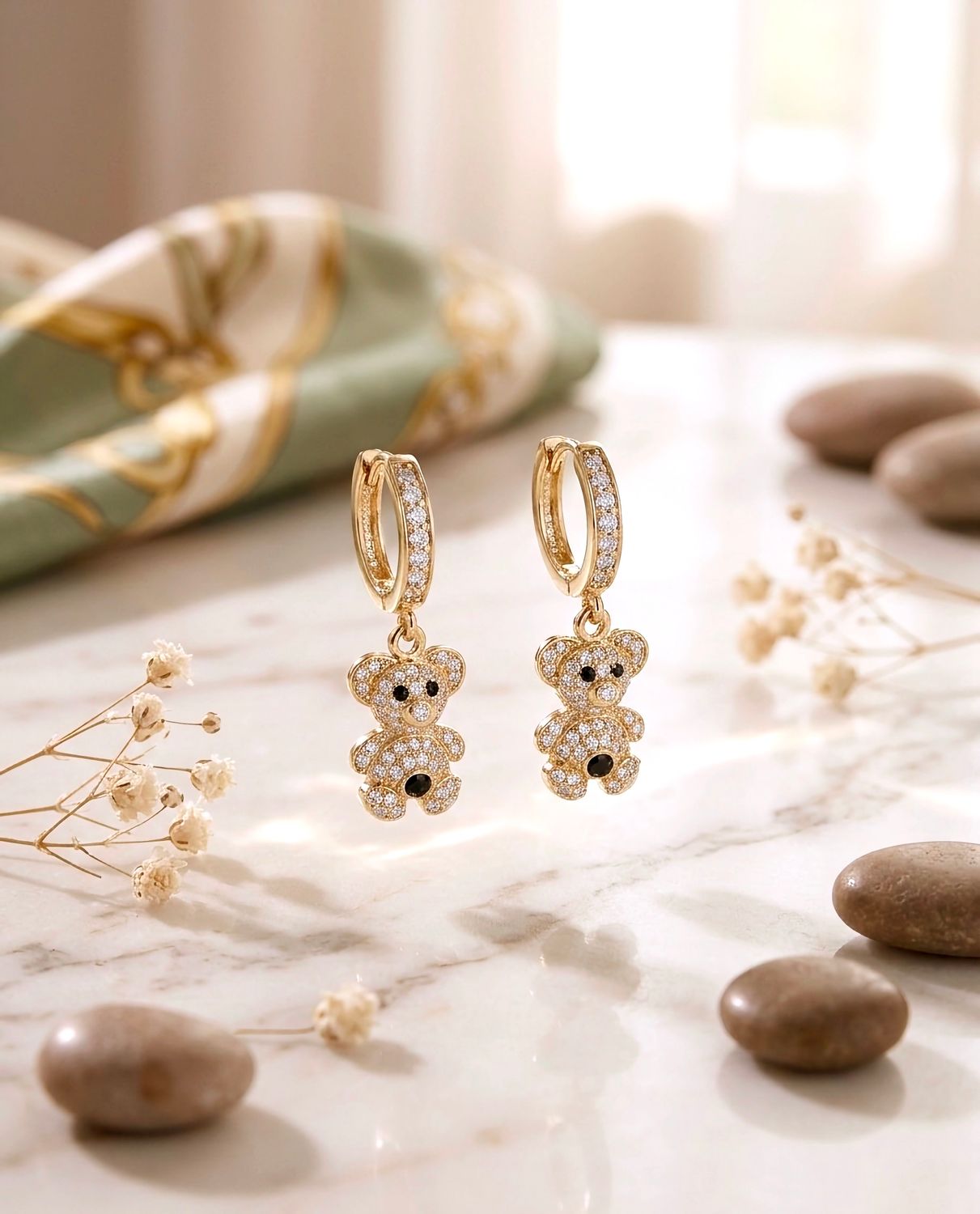 14kt Gold Teddy Bear Hoop Earrings Black