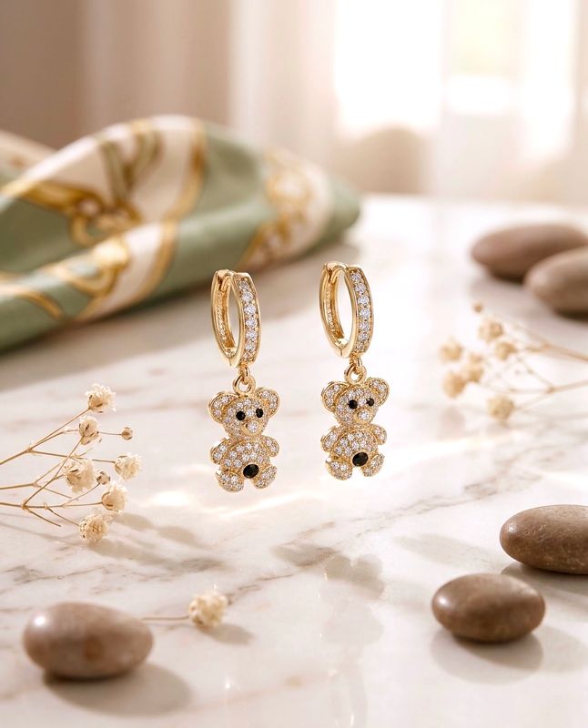 14kt Gold Teddy Bear Hoop Earrings Black