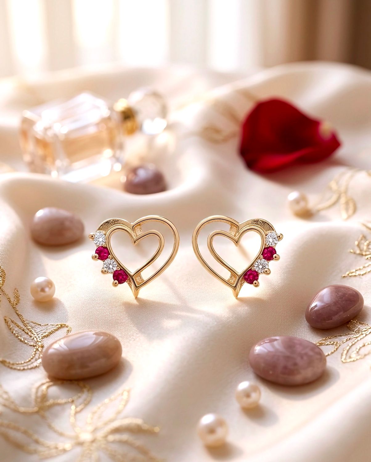 14kt Gold Heart Shape 4 Stone Earrings (Red)