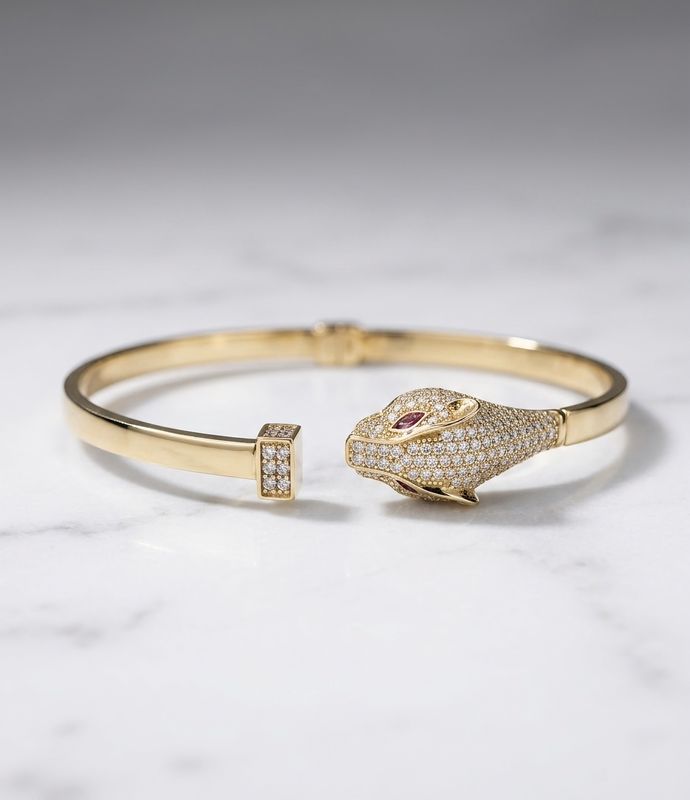 14kt Panther Head Cuff Bangle