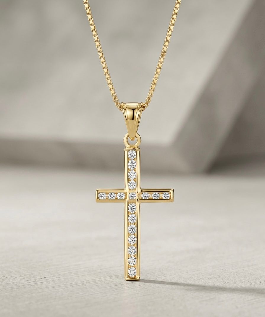 14kt Gold Channel Set CZ Cross Pendant 18" Box Chain