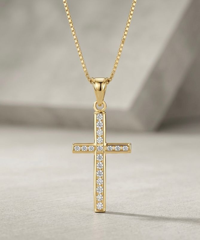 14kt Gold Channel Set CZ Cross Pendant 18" Box Chain