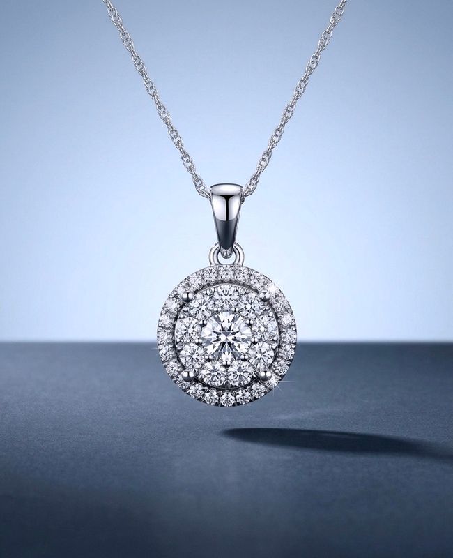 10kt White Gold Round Cluster Pendant 18" Rope Chain