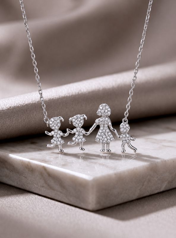 Mother &amp; Two daughter &amp; Son Family Silver CZ Necklace