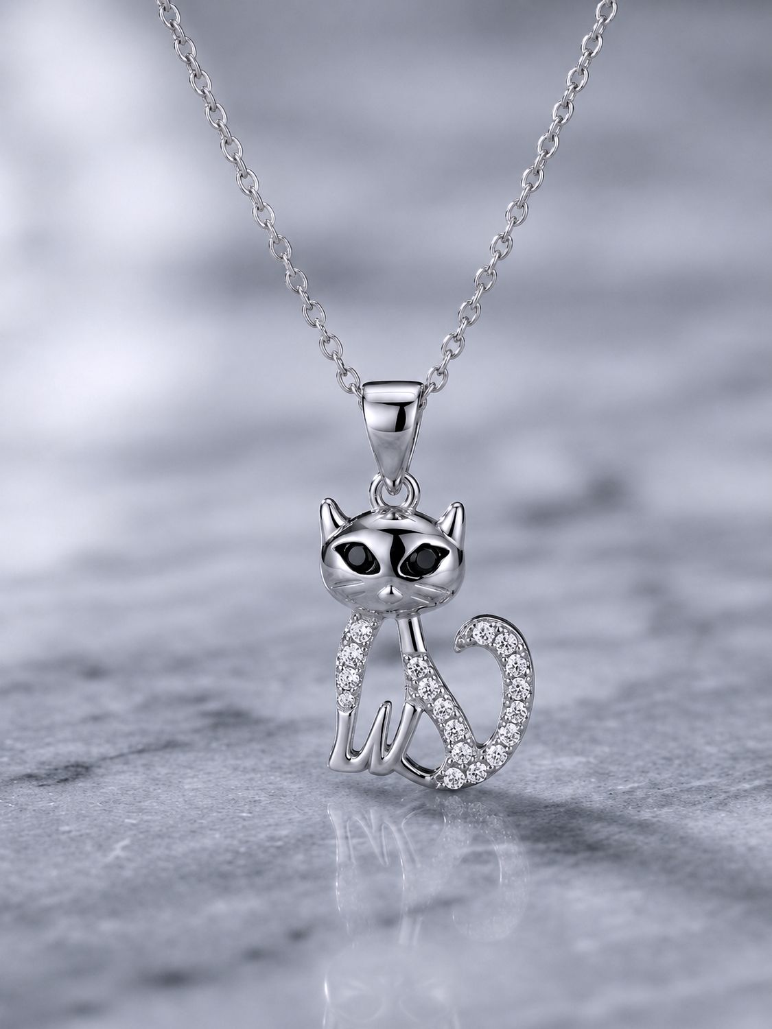 Sterling Silver Small Cat Pendant with CZ   Necklace