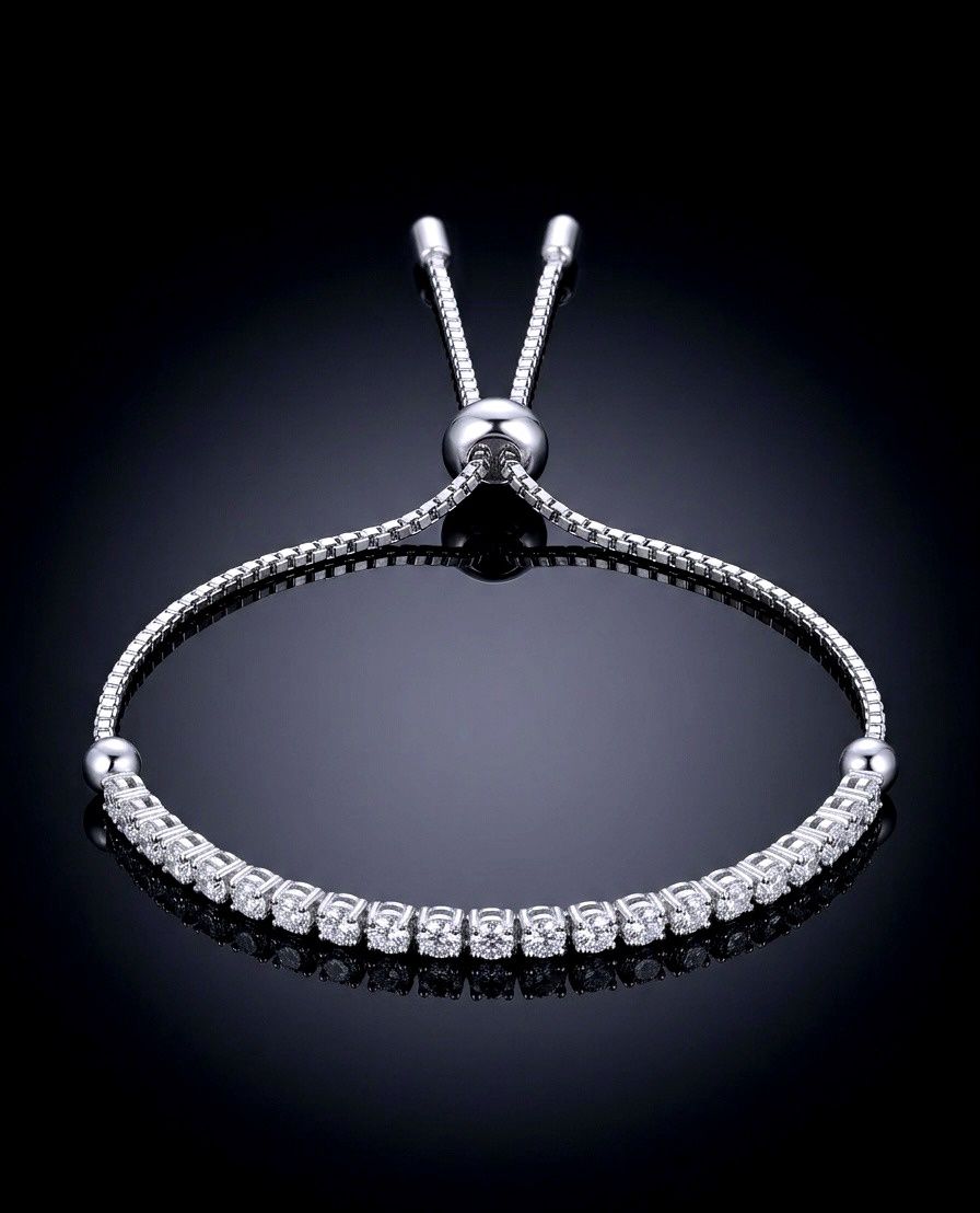 Rhodium Plated 925 Sterling Silver Adjustable CZ Bracelet