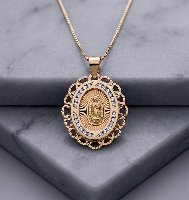 14kt Gold Virgin Mary Oval Pendant 18" Box Chain