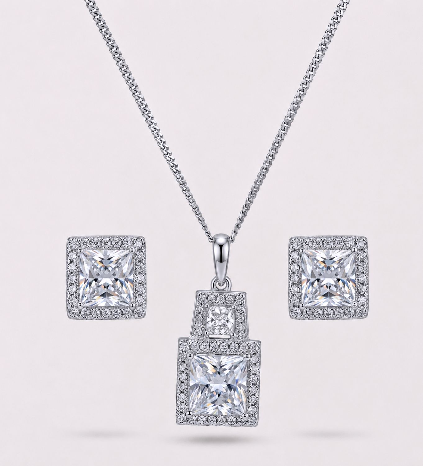 Silver Square Micro-Pave CZ Earring &amp; Necklace Set