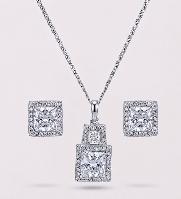 Silver Square Micro-Pave CZ Earring &amp; Necklace Set