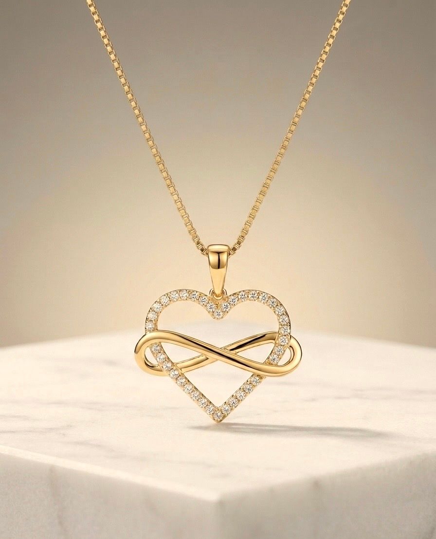 14kt Gold Sparkling Infinity Heart Pendant 16" Box Chain
