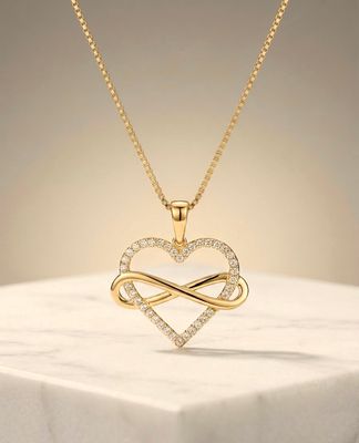 14kt Gold Sparkling Infinity Heart Pendant 16" Box Chain