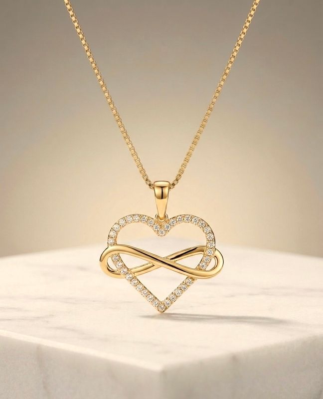 14kt Gold Sparkling Infinity Heart Pendant 16" Box Chain