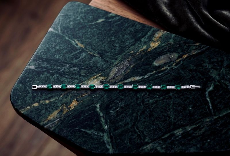 Sterling Silver Square Clear &amp; Green CZ Tennis Bracelet