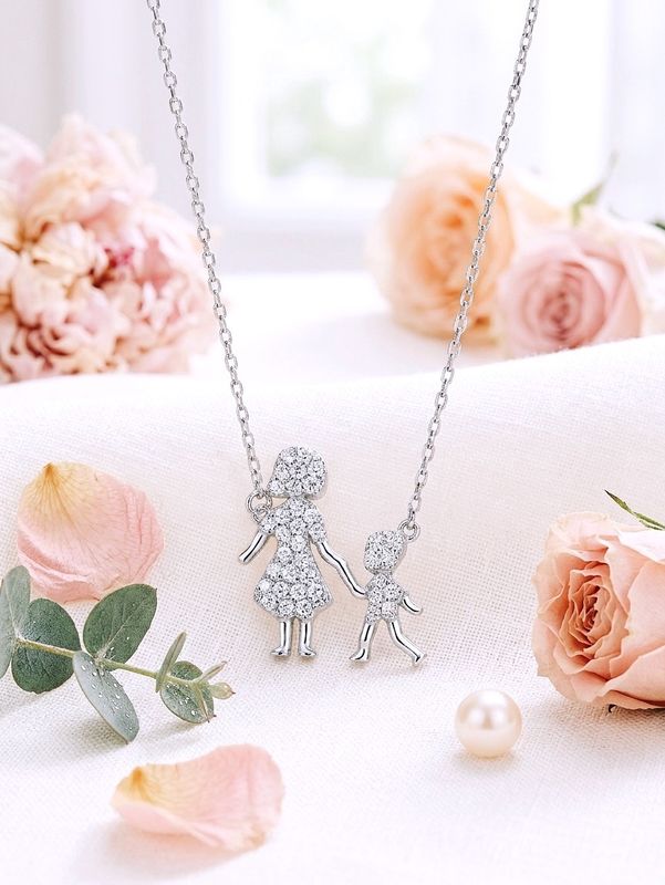 Sterling Silver Rhodium Plated Mother and son Clear Necklace with CZ