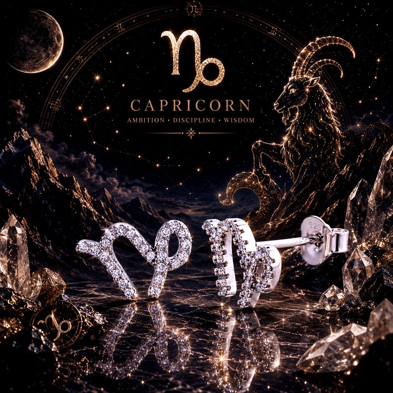 Sterling Silver Zodiac Capricorn CZ Stud Earrings