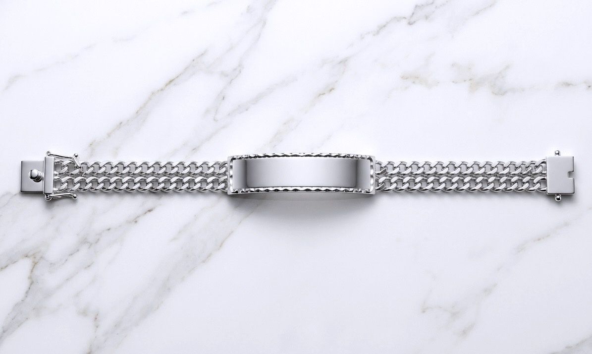 Sterling Silver Two Strand Curb 9.2mm Textured ID Bracelet