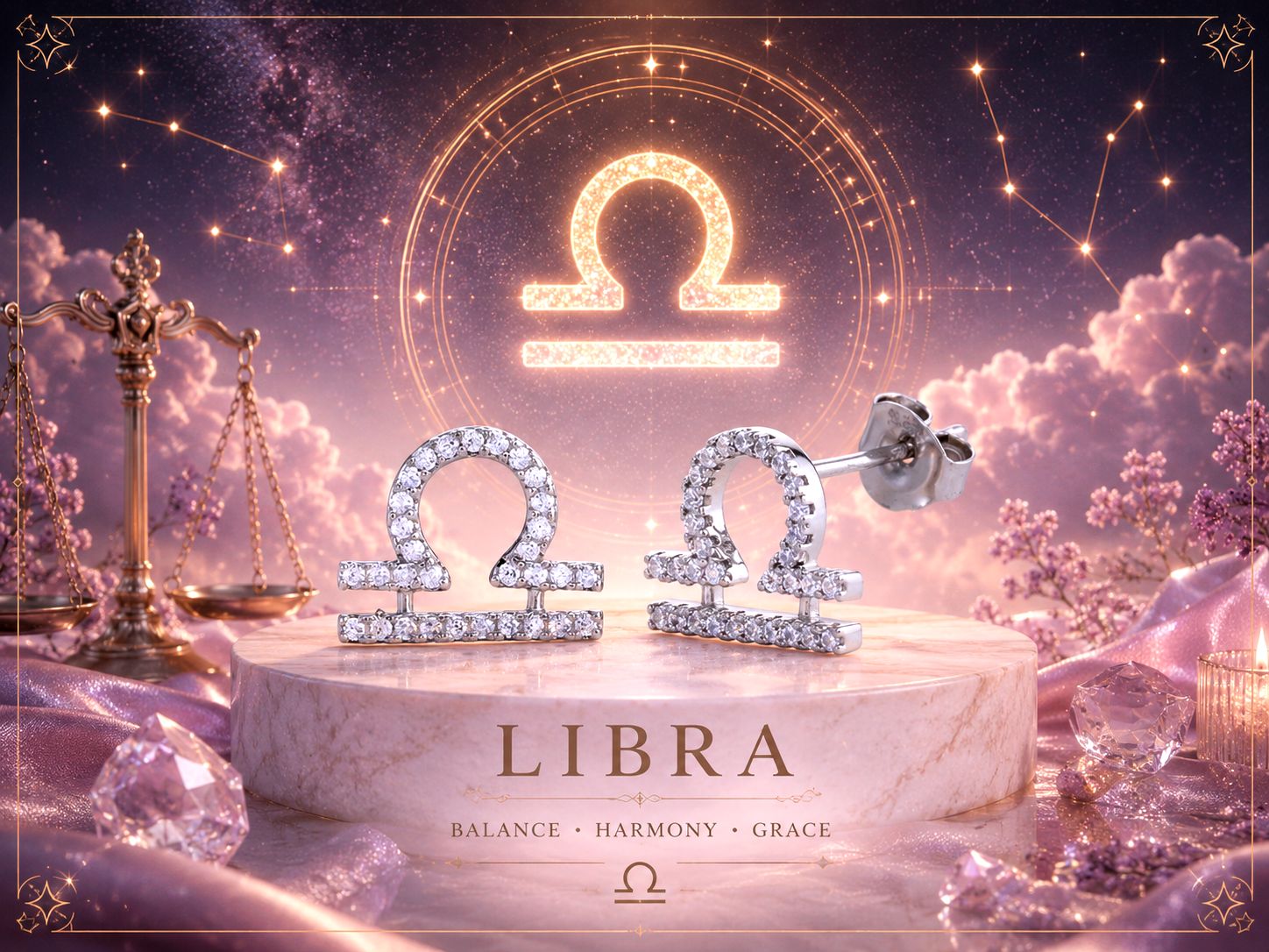 Sterling Silver Zodiac Libra CZ Stud Earrings