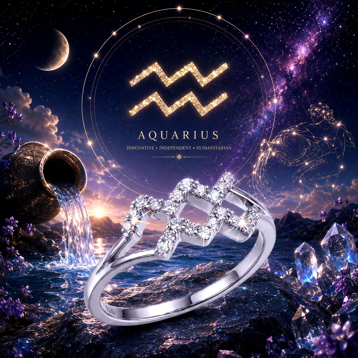 Sterling Silver Aquarius Ring CZ