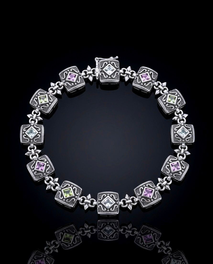 Silver Oxidized Multi-Color CZ Antique Bracelet