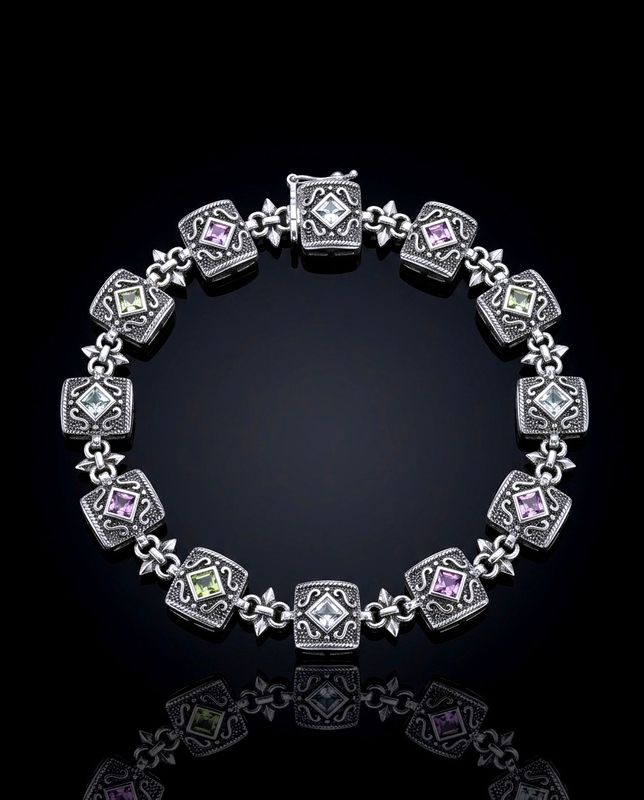 Silver Oxidized Multi-Color CZ Antique Bracelet