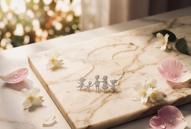 Silver Necklace of Mom. Dad, Two Daughter and  Son Family CZ