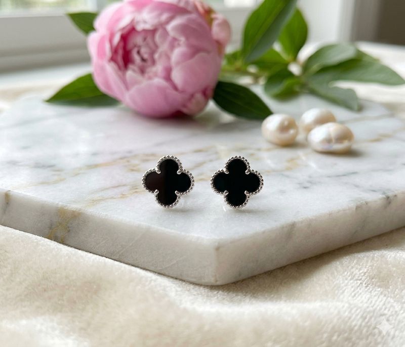 Sterling Silver Black Enamel 4 Leaf Clover Earrings
