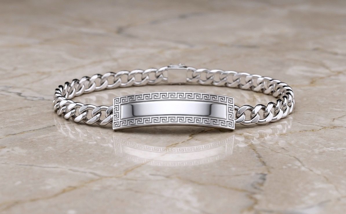 Sterling Silver Curb 6.8mm Greek Key ID Bracelet