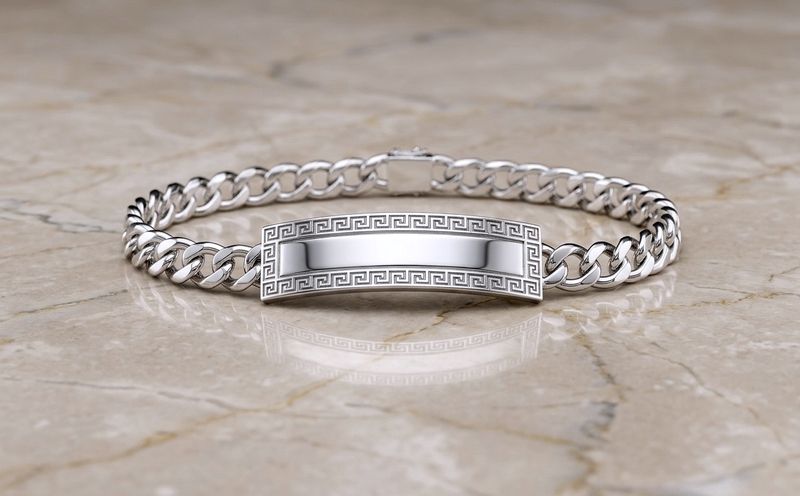 Sterling Silver Curb 6.8mm Greek Key ID Bracelet