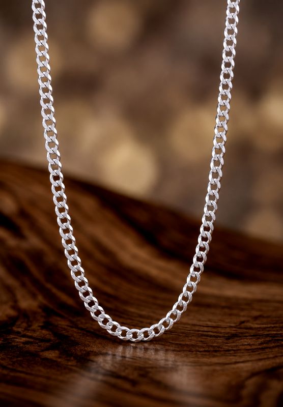 Sterling Silver Super Flat Curb 26'' Chain One Sided Pave 4.7mm