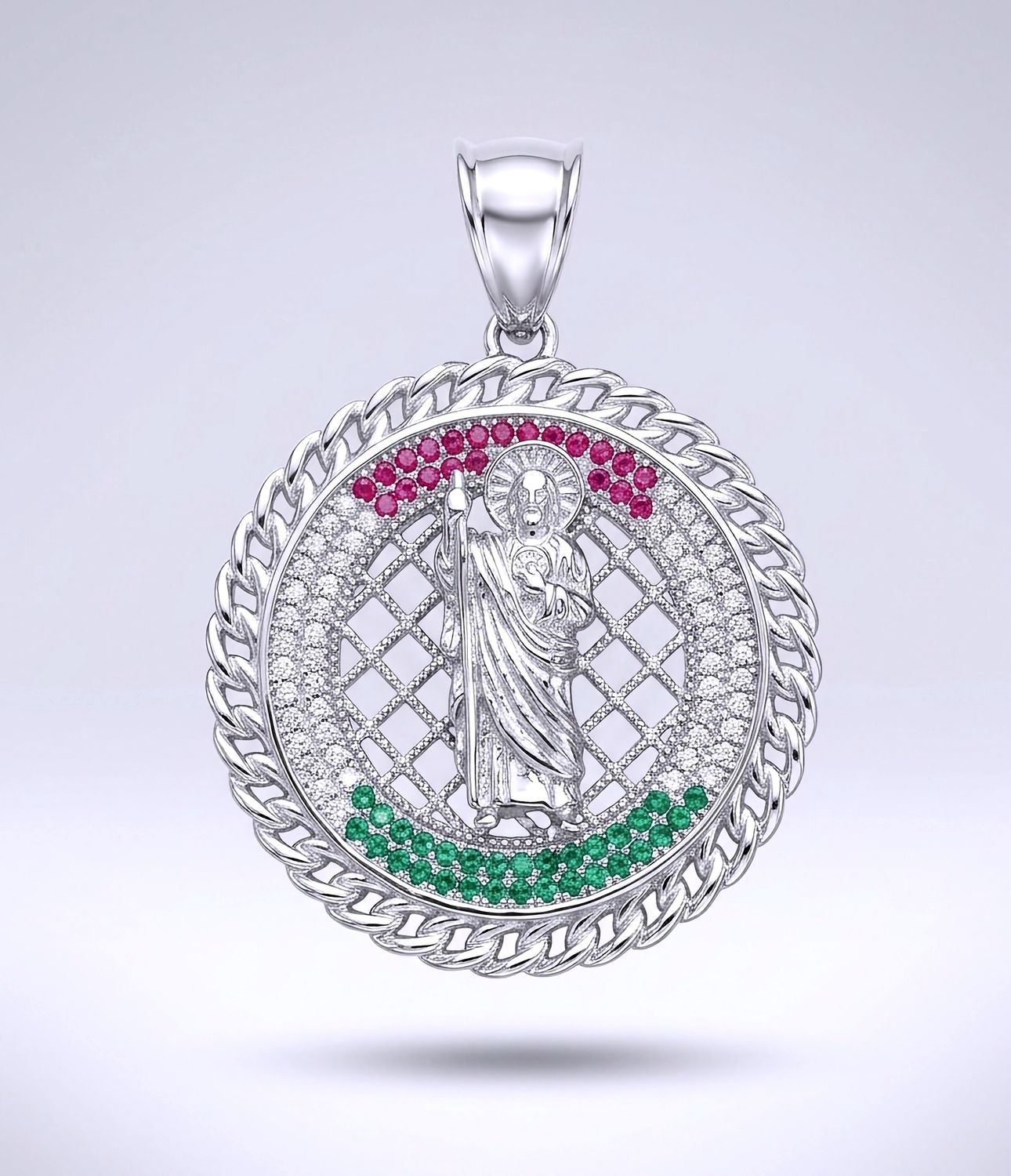 Sterling Silver Saint Jude Clear Green &amp; Red CZ 35mm Pendant
