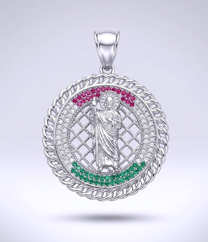 Sterling Silver Saint Jude Clear Green &amp; Red CZ 35mm Pendant