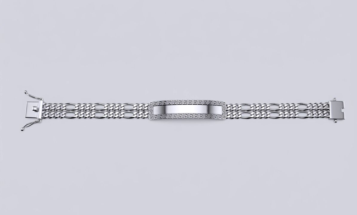 Sterling Silver Two Strand Figaro 9.2mm Greek Key ID Bracelet