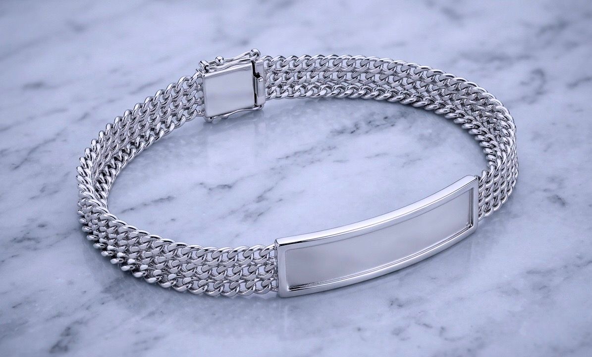Sterling Silver Three Strand Curb 10.5mm Textured ID Bracelet