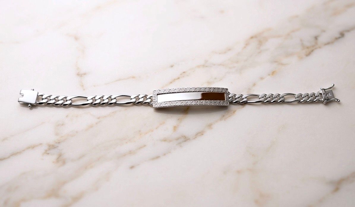 Sterling Silver Figaro 6.8mm Greek Key ID Bracelet