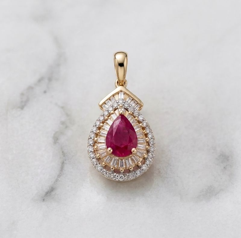 14kt Pear Shape Natural Ruby with Diamond Accents