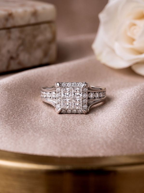 14K White Gold Diamond Engagement Ring Princess &amp; Round-cut