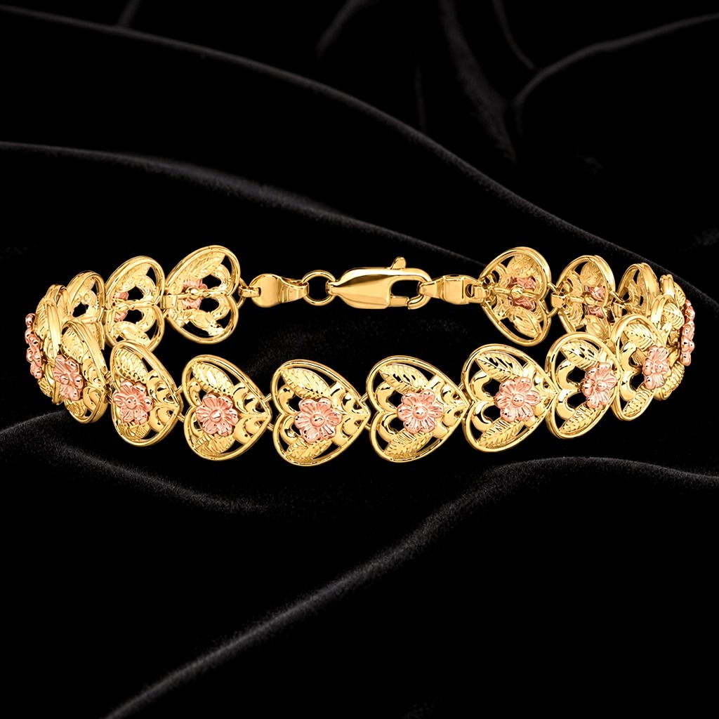 14k Two-tone Diamond-cut Hearts with Flowers 7.25-inch Bracelet