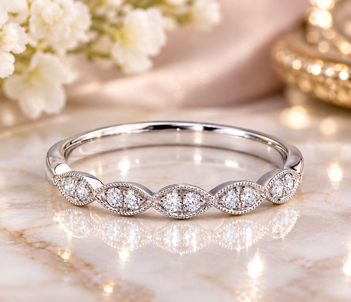 14kt White Gold  Milgrain Marquise Shape Band LAB G Diamonds