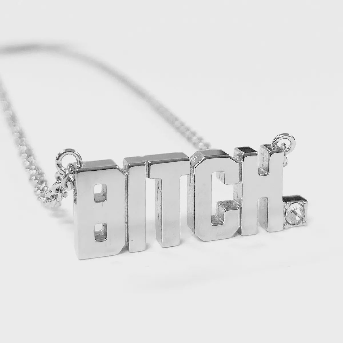 Bitch Pendant Block Letter Necklace with Clear Crystal