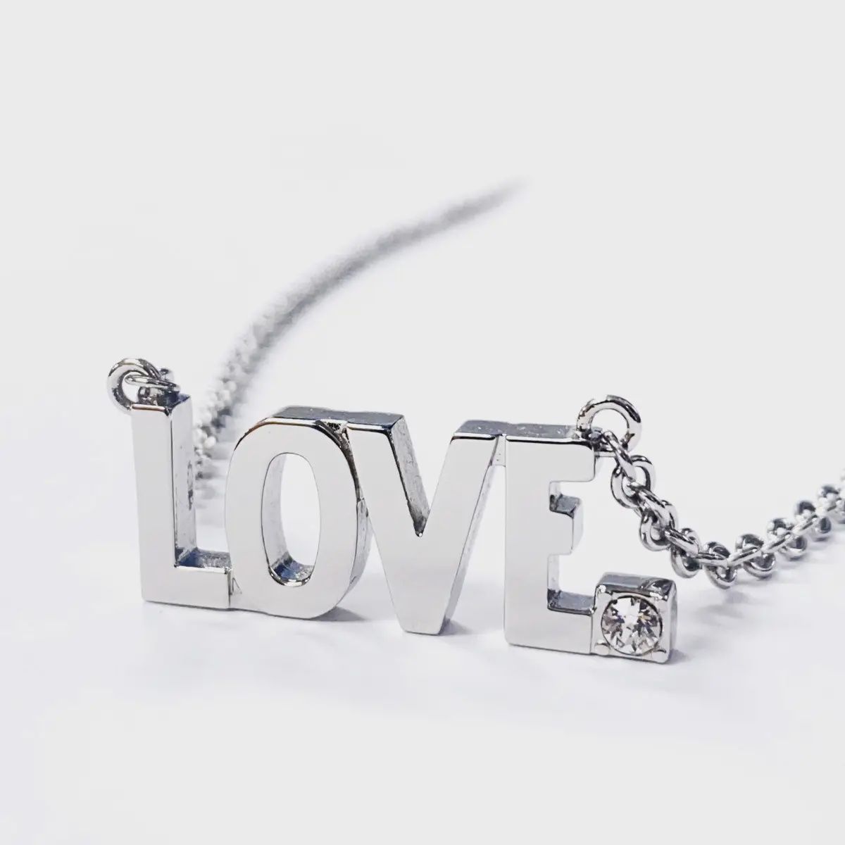Love Pendant Block Letter Necklace W Clear Crystal