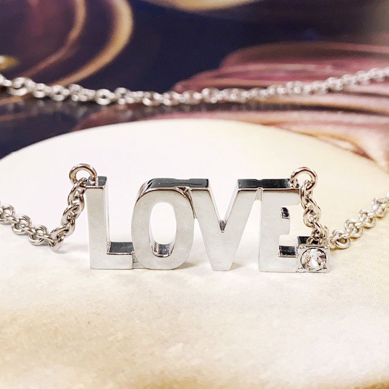 Love Pendant Block Letter Necklace W Clear Crystal