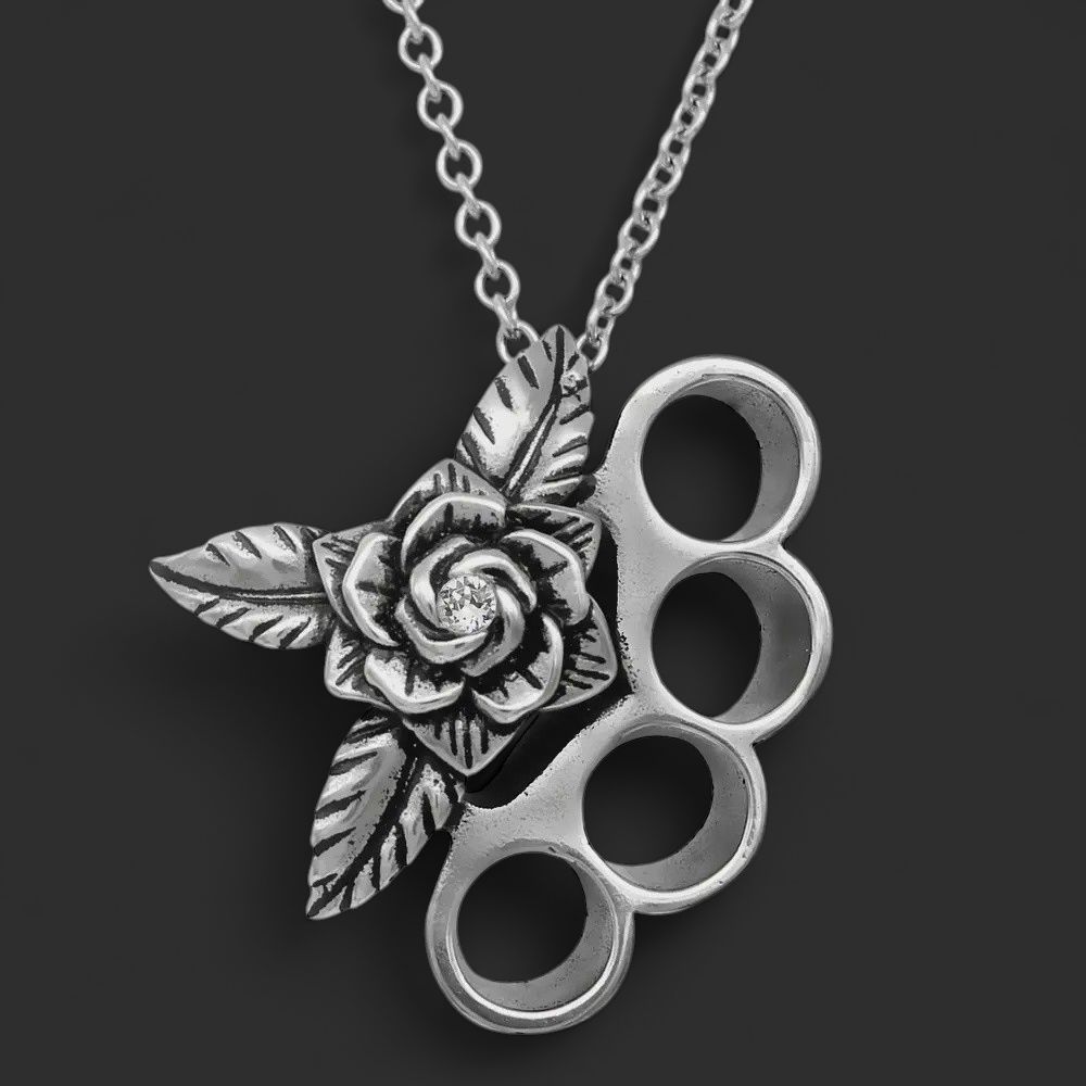 316L Stainless Steel Brutal Brass Knuckles &amp; Rose Necklace
