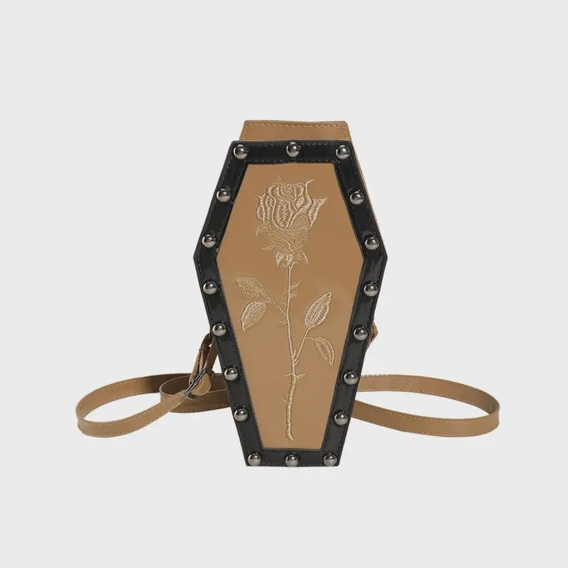 Brown Spider Web &amp; Rose Patterns Studded Coffin Crossbody Bags