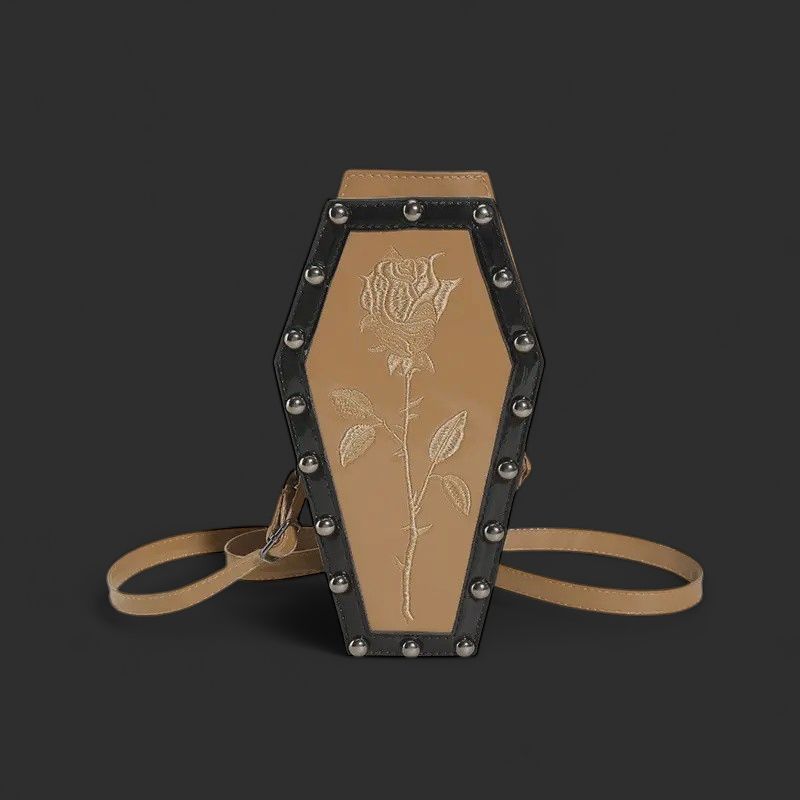 Brown Rose Patterns Studded Coffin Crossbody Bags