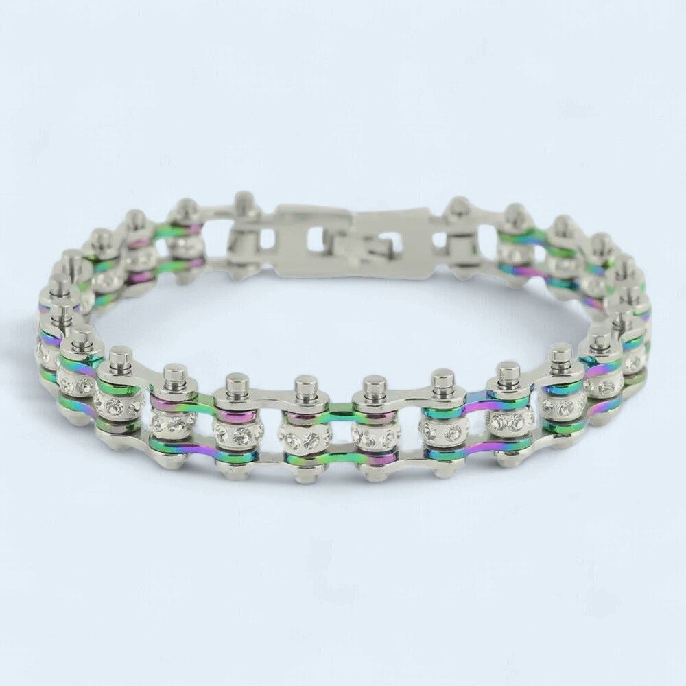 7.5" Silver &amp; Rainbow Crystal 316L Stainless Steel  Bracelet