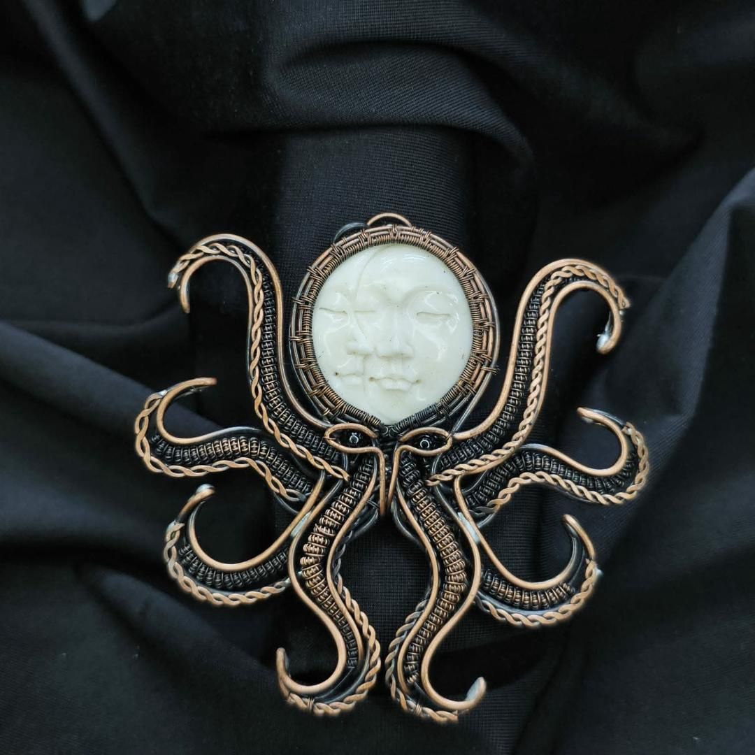 Handmade Wire Wrapped 2 Face Carved Octopus Pendant